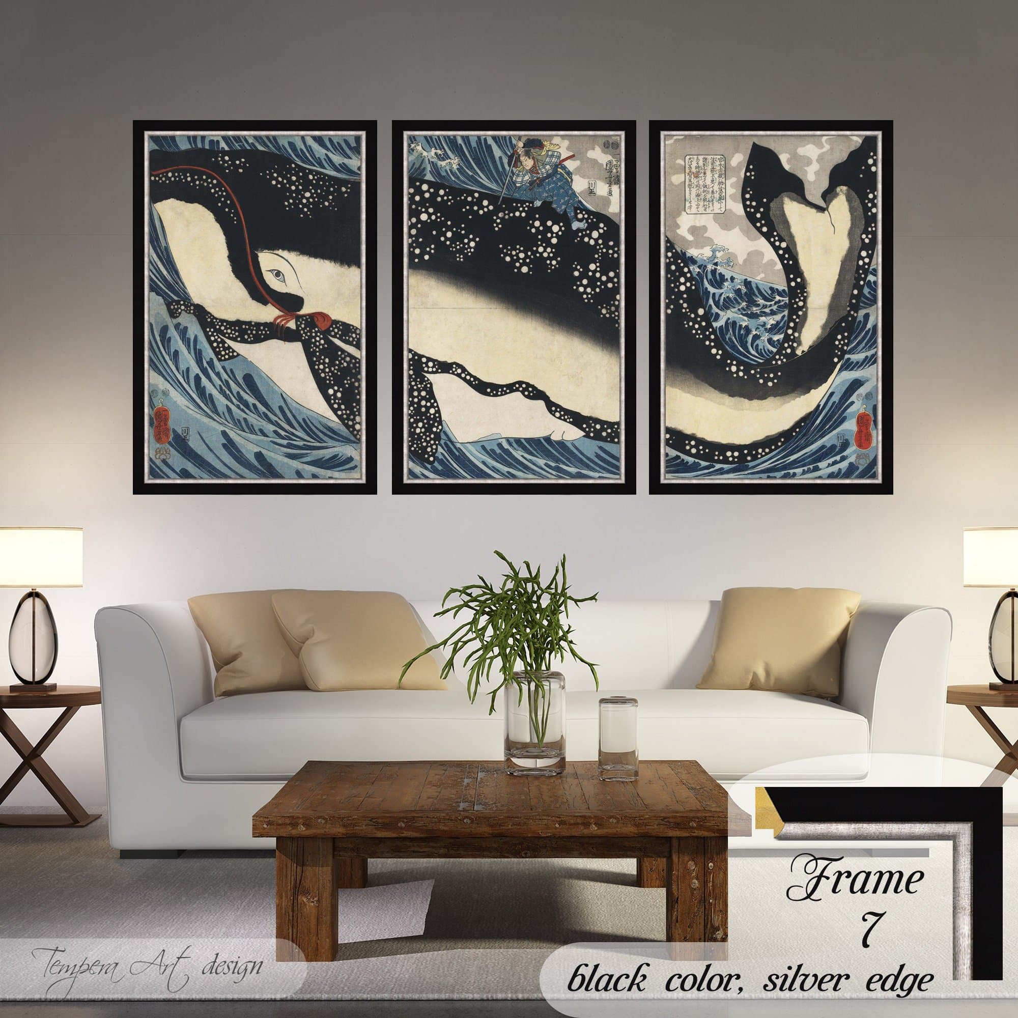 Utagawa Kuniyoshi Musashi on the back of a whale set of 3 framed or unframed canvas prints